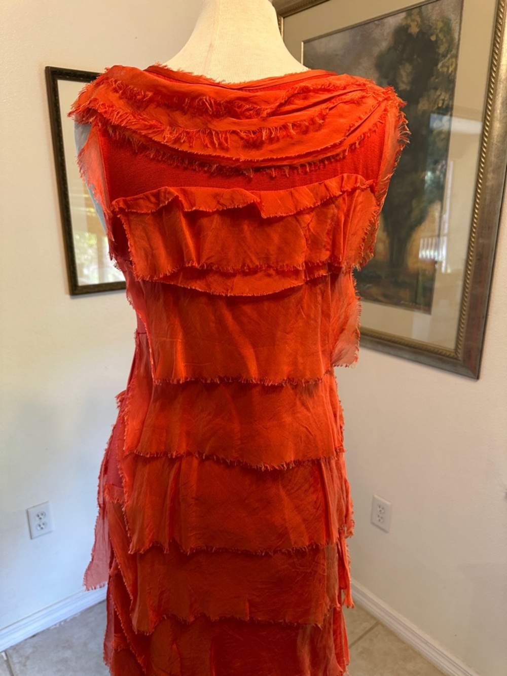 Made in Italy Coral-Orange Tiered Fringe 100% Silk Dress Size Medium - Picture 7 of 9